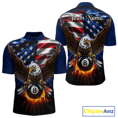 Fire Flame Eagle Men's Quarter-Zip Billiard Shirt, USA Flag Pool League Jersey, Athletic Tournament Apparel