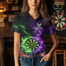 Load image into Gallery viewer, Green And Purple Flames Dartboard &amp; Arrow Women Darts Team Shirt Personalized Dart Polo Jerseys NYN2572