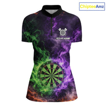 Load image into Gallery viewer, Green And Purple Flames Dartboard &amp; Arrow Women Darts Team Shirt Personalized Dart Quarter-Zip Jerseys NYN2572