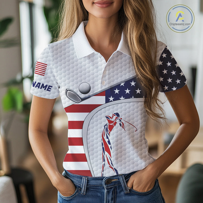 American Flag Patriot Personalized Golf White Womens Golf Polo Shirts Custom Name Golf Gifts NYN3148