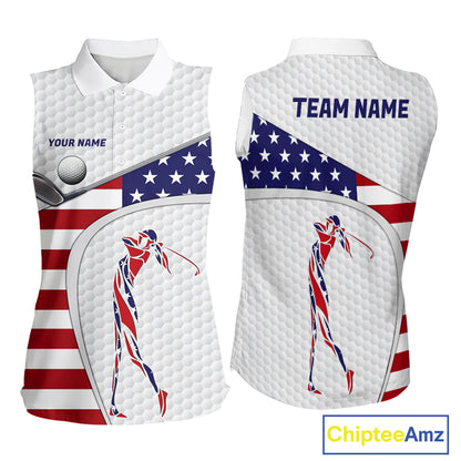 American Flag Patriot Personalized Golf White Womens Golf Sleeveless Polo Shirts Custom Golf Gifts NYN3148