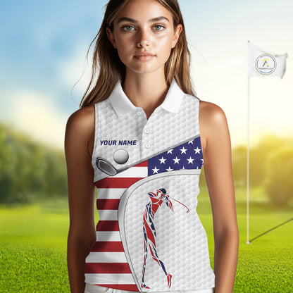 American Flag Patriot Personalized Golf White Womens Golf Sleeveless Polo Shirts Custom Golf Gifts NYN3148