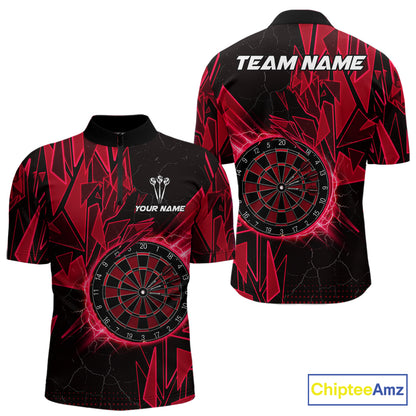 Red broken glass dartboard lightning dart quarter-zip shirt for men custom dart clothing