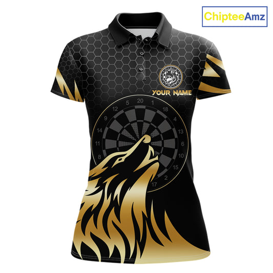 Black And Gold Horror Wolf Dart Shirts For Women Custom Thunder Dartboard Dart Team Name Jerseys NYN3625
