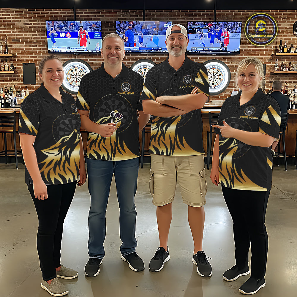 Black And Gold Horror Wolf Dart Shirts For Men Custom Thunder Dartboard Dart Team Name Jerseys NYN3625