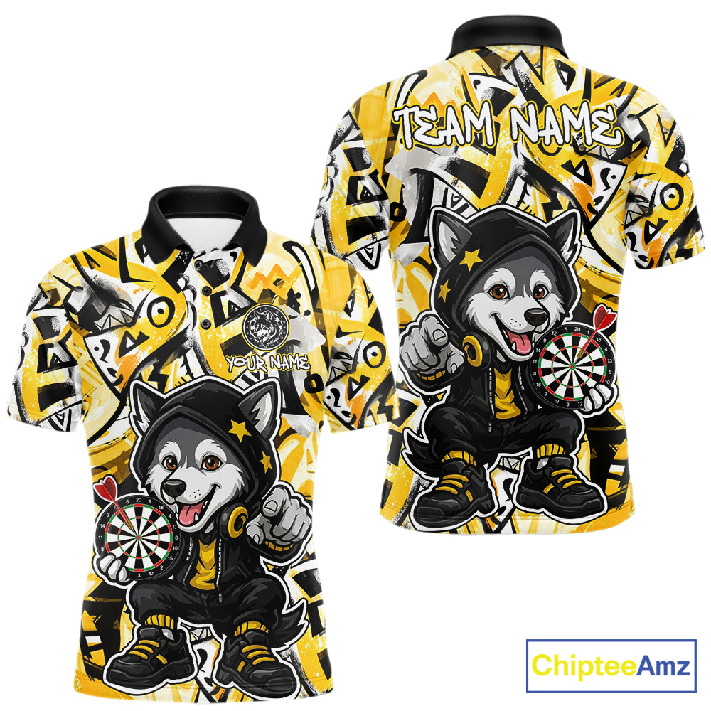 Funny Wolf Dart Shirts For Men Custom Black, White & Yellow Graffiti Dart Team Name Jerseys NYN3626