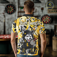 Load image into Gallery viewer, Funny Wolf Dart Shirts For Men Custom Black, White &amp; Yellow Graffiti Dart Team Name Jerseys NYN3626