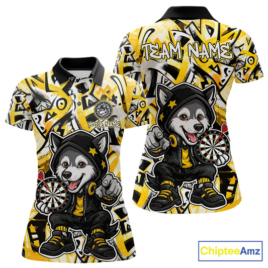 Funny Wolf Dart Shirts For Women Custom Black, White & Yellow Graffiti Dart Team Name Jerseys NYN3626