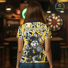 Load image into Gallery viewer, Funny Wolf Dart Shirts For Women Custom Black, White &amp; Yellow Graffiti Dart Team Name Jerseys NYN3626