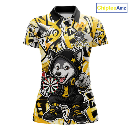 Funny Wolf Dart Shirts For Women Custom Black, White & Yellow Graffiti Dart Team Name Jerseys NYN3626