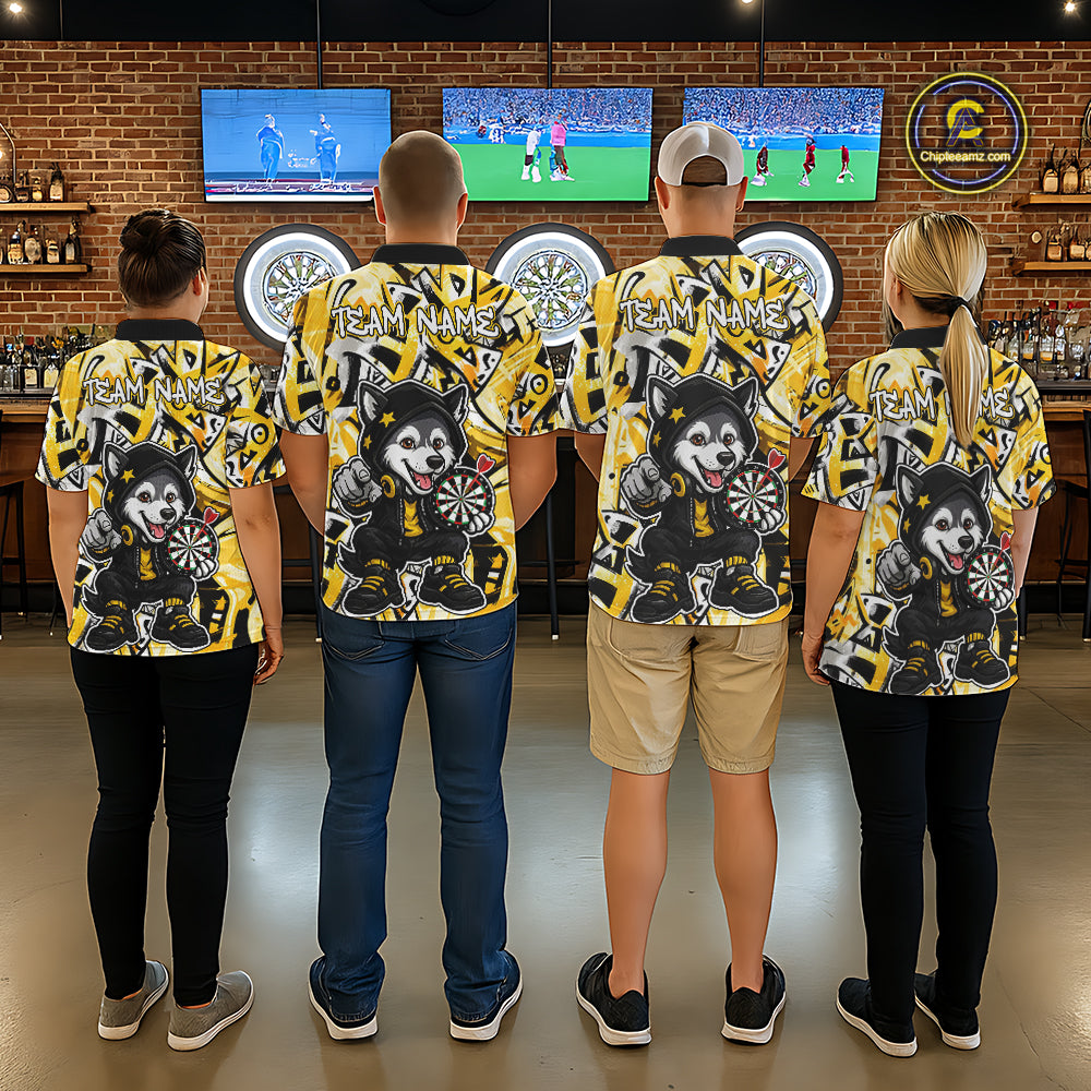 Funny Wolf Dart Shirts For Women Custom Black, White & Yellow Graffiti Dart Team Name Jerseys NYN3626