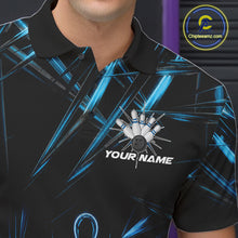 Load image into Gallery viewer, Male bowler wearing Black and Blue Neon bowling ball and pins jersey, custom bowling league apparel
