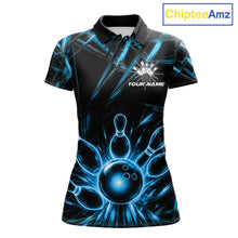 Load image into Gallery viewer, Black and Blue Neon bowling ball and pins women's polo shirt custom bowling team jersey, personalized bowling league shirt, neon bowling apparel