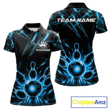 Load image into Gallery viewer, Black and Blue Neon bowling ball and pins women's polo shirt custom bowling team jersey, personalized bowling league shirt, neon bowling apparel