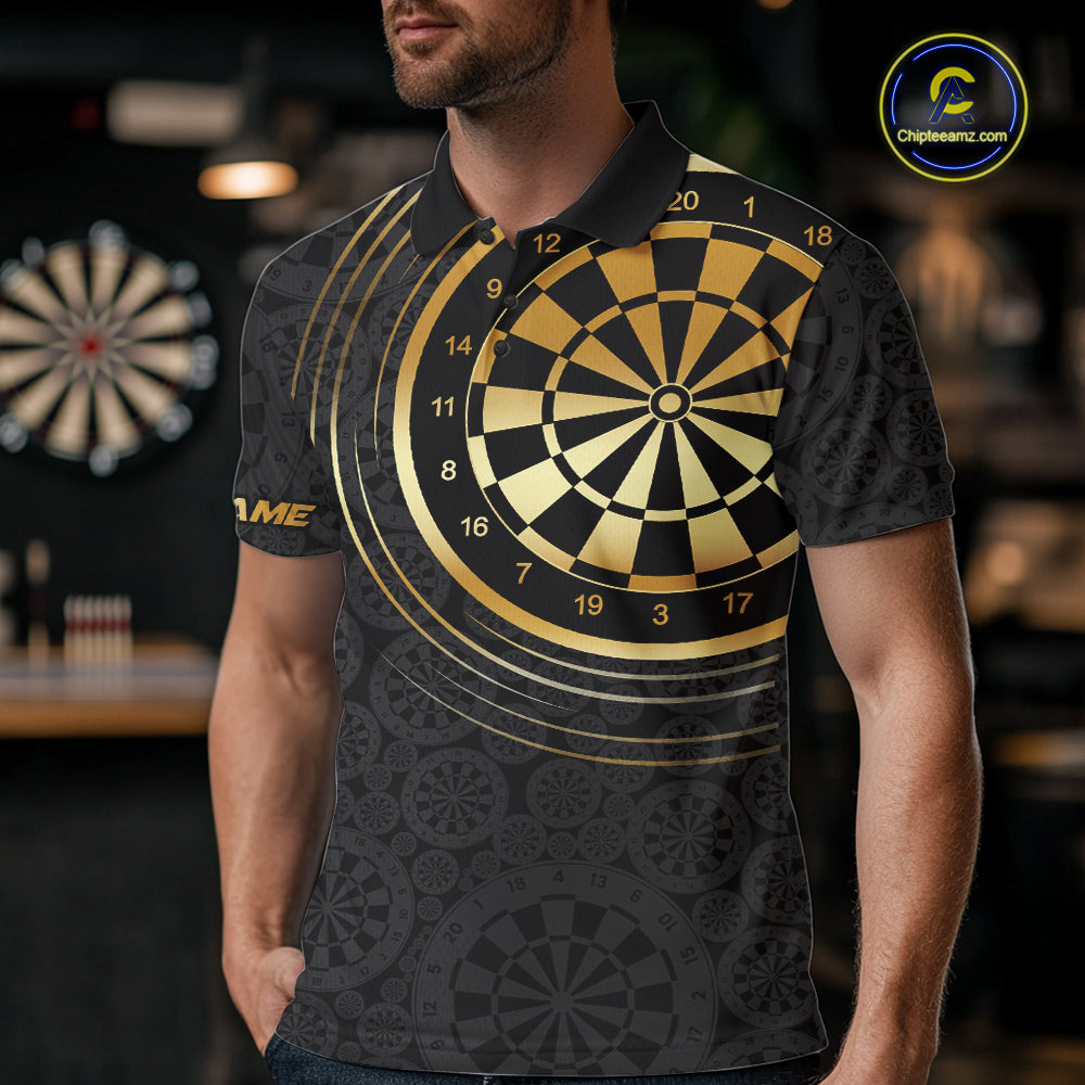 Black & Gold Gradient Dartboard Mens Dart Polo Quarter Zip Shirts Custom Team Name Dart Jerseys NYN3630