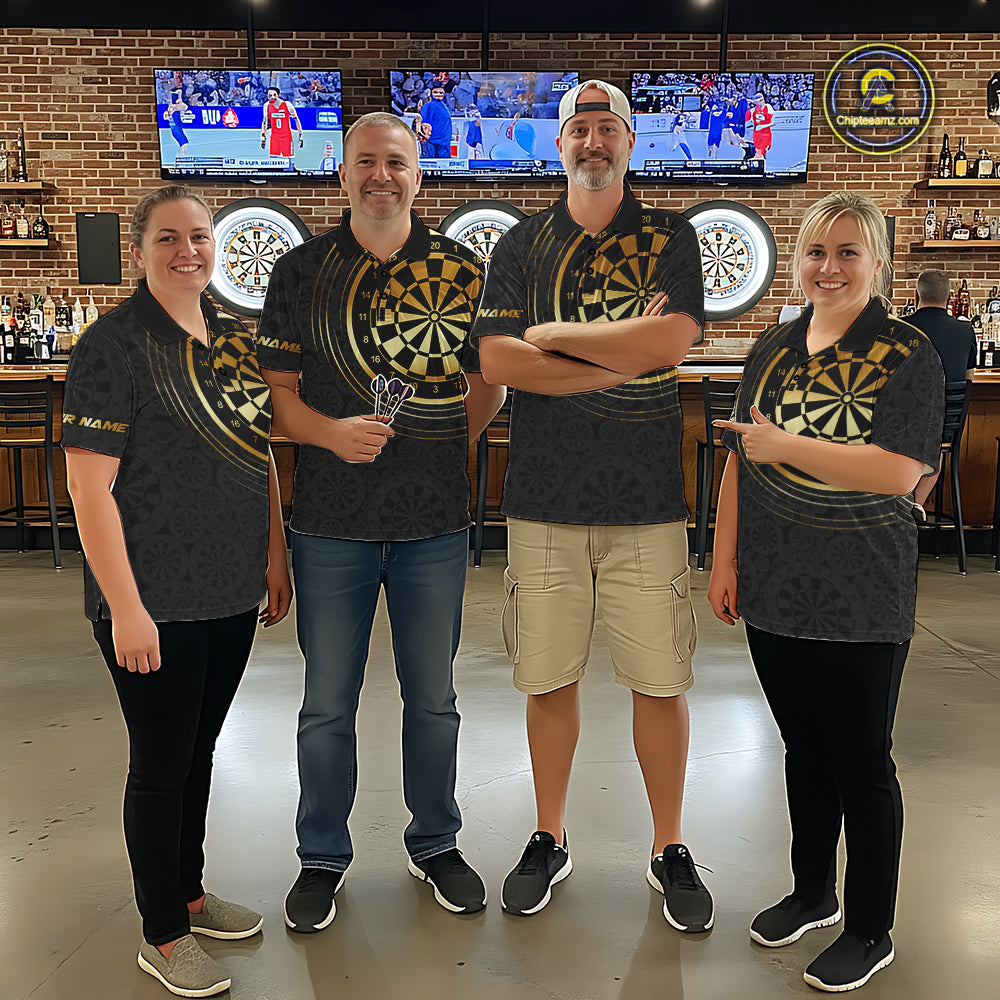 Black & Gold Gradient Dartboard Mens Dart Polo Quarter Zip Shirts Custom Team Name Dart Jerseys NYN3630