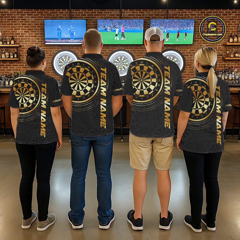 Black & Gold Gradient Dartboard Mens Dart Polo Quarter Zip Shirts Custom Team Name Dart Jerseys NYN3630