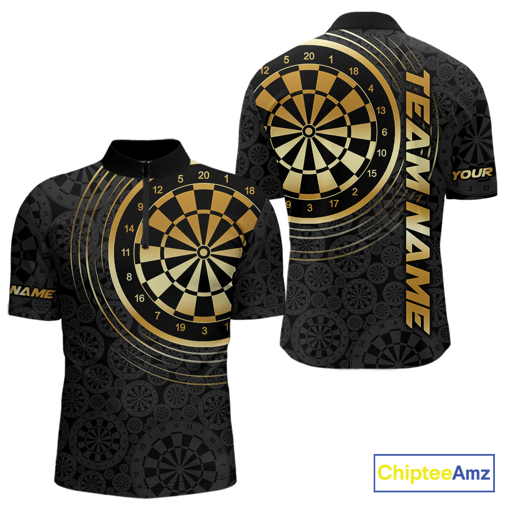 Black & Gold Gradient Dartboard Mens Dart Polo Quarter Zip Shirts Custom Team Name Dart Jerseys NYN3630