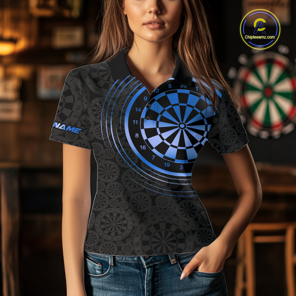 Black & Blue Gradient Dartboard Womens Dart Polo Quarter Zip Shirts Custom Team Name Dart Jerseys NYN3631