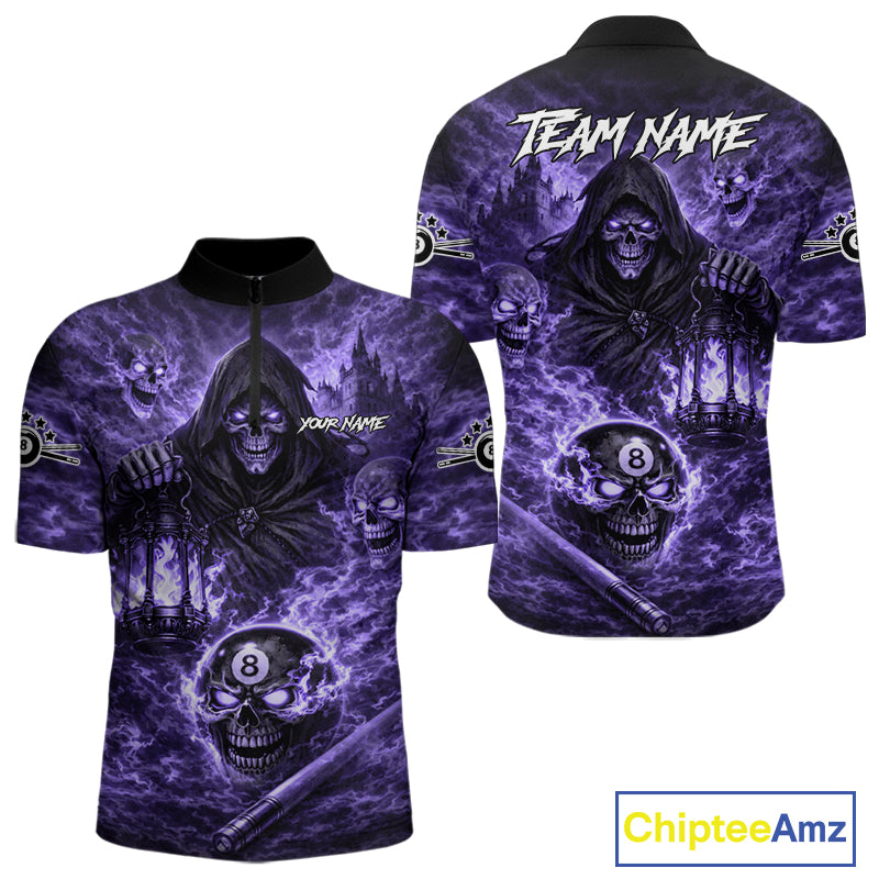 Fire Flames Purple Grim Reaper Skull 8 Ball Pool Men Billiard Shirt Personalized Billiard Team Names NYN2736