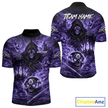 Load image into Gallery viewer, Fire Flames Purple Grim Reaper Skull 8 Ball Pool Men Billiard Shirt Personalized Billiard Team Names NYN2736