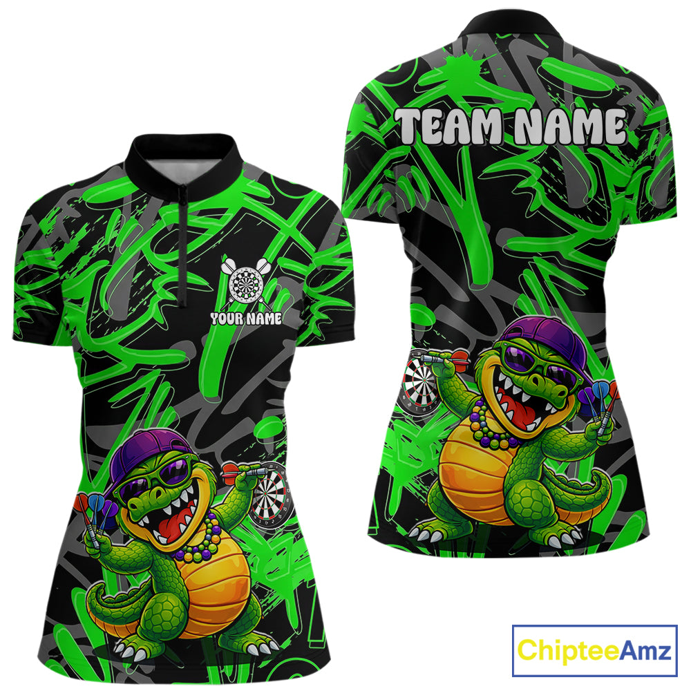 Green Grafffiti Play Darts Polo & Quarter Zip Shirt Personalized Funny Crocodile Women Darts Jersey NYN2948