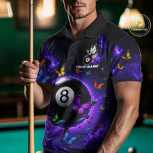 Load image into Gallery viewer, Male Pool Player Wearing Purple Butterfly 8 Ball Billiard Shirt, Colorful Pool Team Apparel