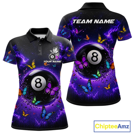 Purple Light 8 Ball Women's Billiard Polo Shirt Colorful Butterflies Custom Pool Team Jersey