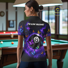 Load image into Gallery viewer, Female billiard player wearing Purple Light 8 Ball Butterfly custom billiard jersey