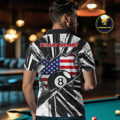 Male Pool Player Wearing Torn US Flag 8 Ball Billiard Shirt, Patriotic Pool League Apparel