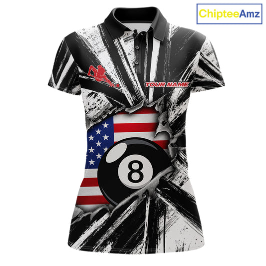 Black White Grunge Torn US Flag Women's Billiard Polo Shirt Custom 8 Ball Pool Jersey