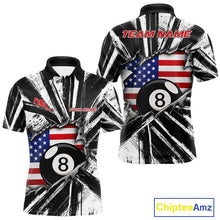 Load image into Gallery viewer, Black And White Grunge Billiard Polo Shirt For Men, Torn US Flag 8 Ball Pool Jersey, Patriotic Billiards Apparel