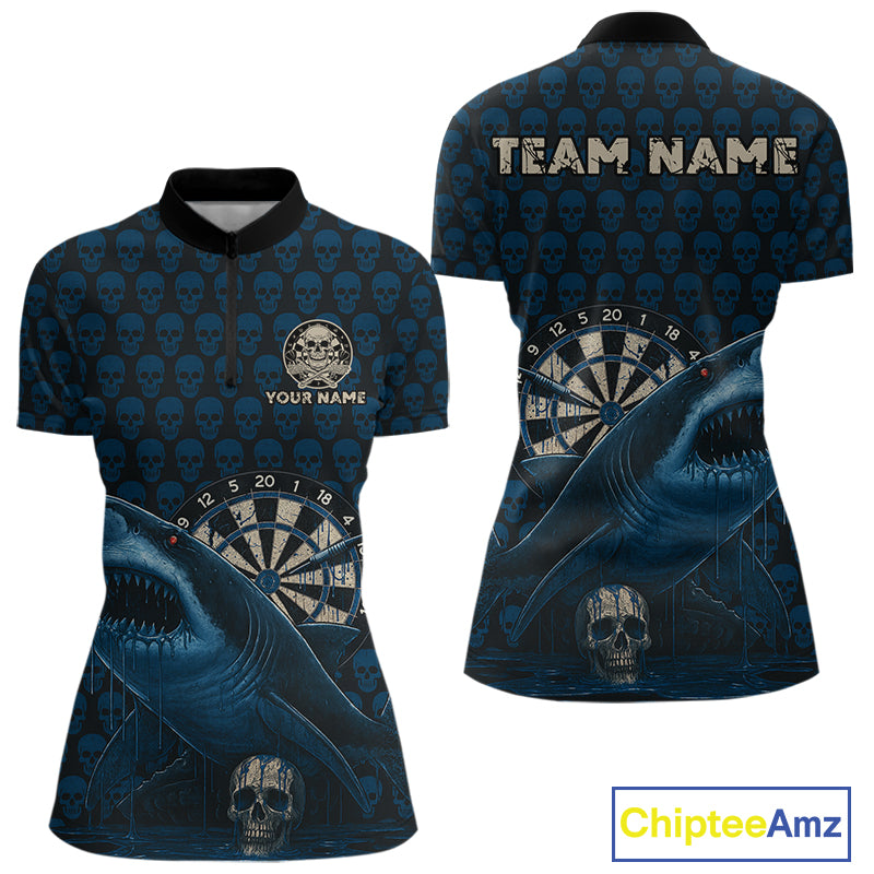 Funny Shark Blue Grunge Dartboard Custom Women Quarter-Zip Darts Shirt Skull Darts Jersey NYN1800