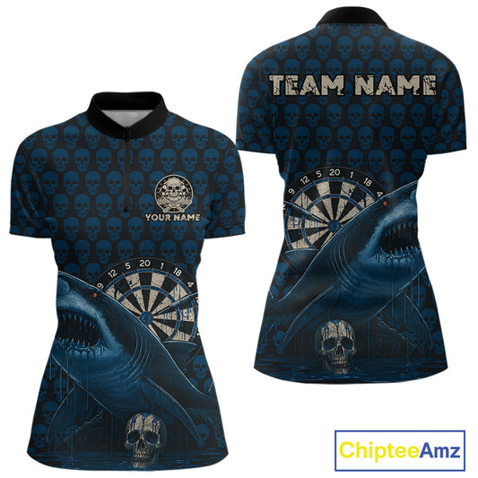Funny Shark Blue Grunge Dartboard Custom Women Quarter-Zip Darts Shirt Skull Darts Jersey NYN1800