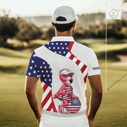 Flamingo Custom Name White American Flag Patriotic Golf Mens Polo Shirt, Flamingo Golf Clothing For Mens NYN2960