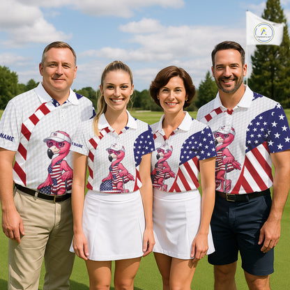 Flamingo Custom Name White American Flag Patriotic Golf Mens Polo Shirt, Flamingo Golf Clothing For Mens NYN2960