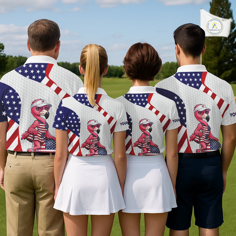 Flamingo Custom Name White American Flag Patriotic Golf Mens Polo Shirt, Flamingo Golf Clothing For Mens NYN2960
