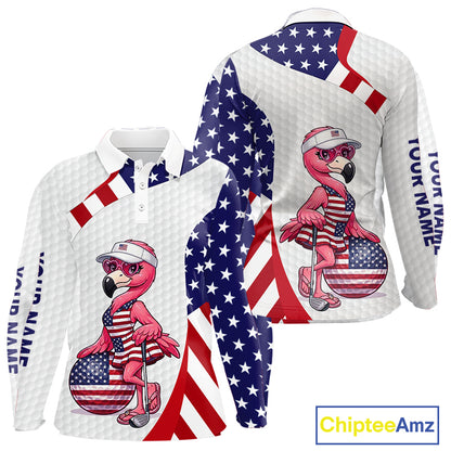 Flamingo Custom Name White American Flag Patriotic Golf Womens Polo Shirt, Flamingo Golf Clothing For Womens NYN2960