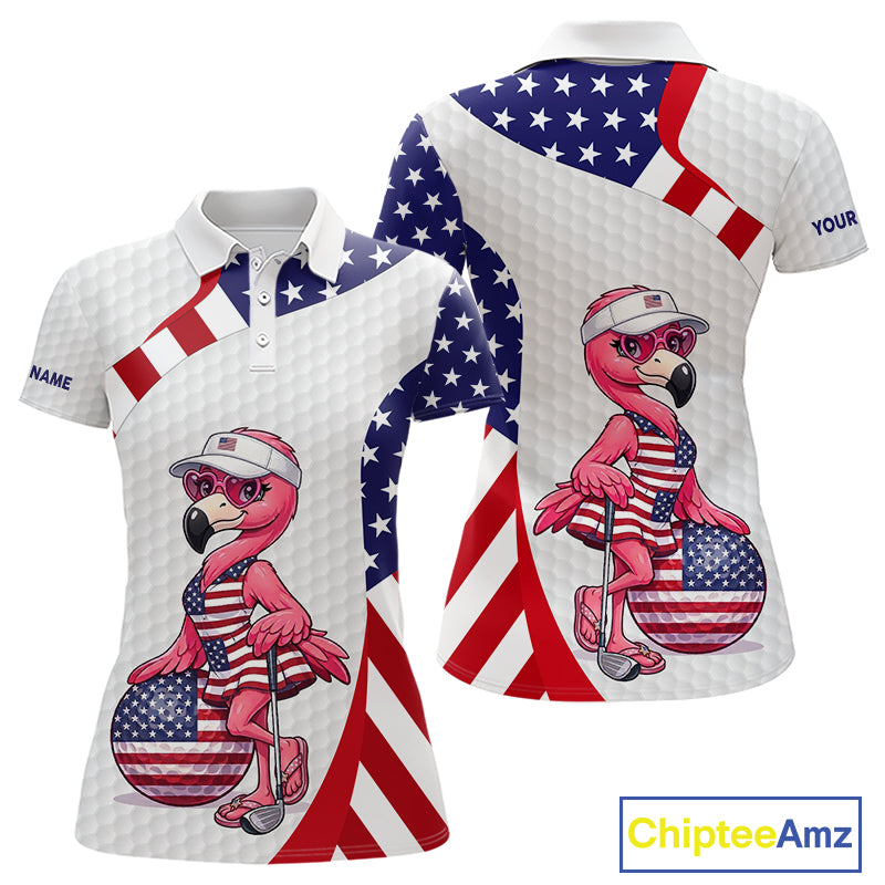 Flamingo Custom Name White American Flag Patriotic Golf Womens Polo Shirt, Flamingo Golf Clothing For Womens NYN2960