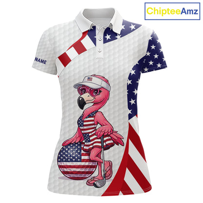 Flamingo Custom Name White American Flag Patriotic Golf Womens Polo Shirt, Flamingo Golf Clothing For Womens NYN2960
