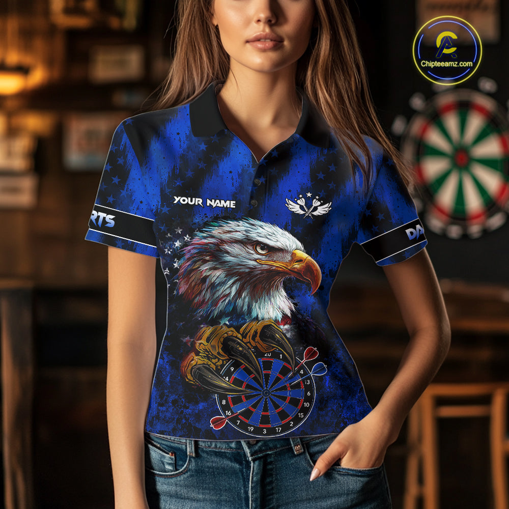 American Flag Eagle Women Darts Polo & 1/4-Zip Shirt Custom Patriotic Outfit Dart Team Jersey | Blue NYN3349