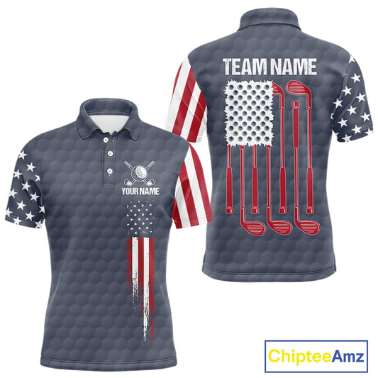 Men's golf polo shirt featuring grey golf ball pattern and patriotic American flag design, personalized performance golf apparel for men's golf teams, tournaments, country clubs, Father's Day gifts, symbolizing freedom, unity and American pride.