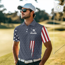 Load image into Gallery viewer, Male golfer wearing personalized American flag golf polo with grey golf ball design during tournament, ideal for patriotic golfers, veterans, golf clubs, Father's Day gifts and USA team spirit.