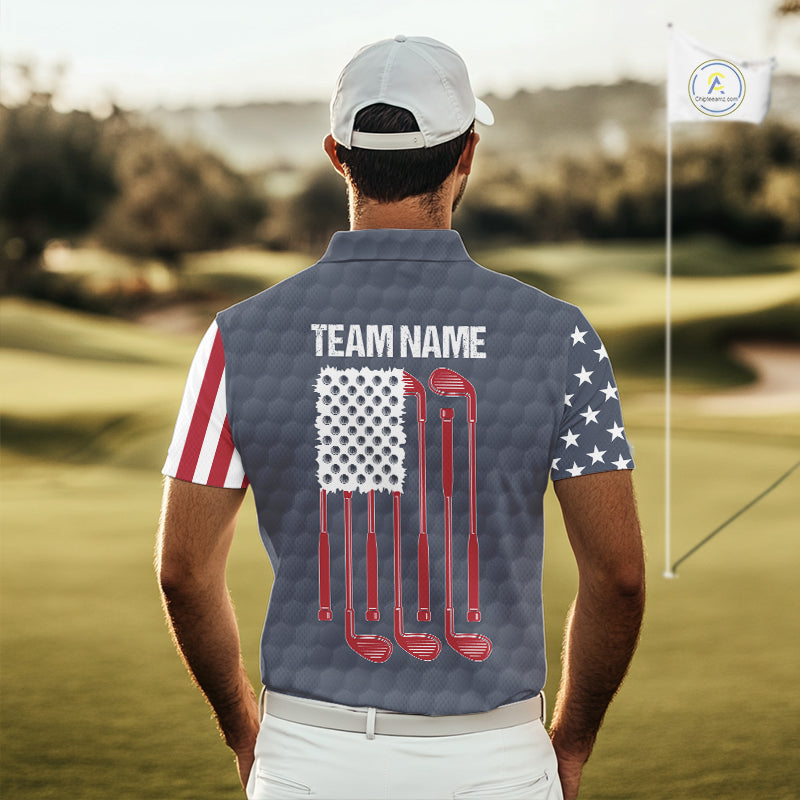 Male golfer wearing personalized American flag golf polo with grey golf ball design during tournament, ideal for patriotic golfers, veterans, golf clubs, Father's Day gifts and USA team spirit.
