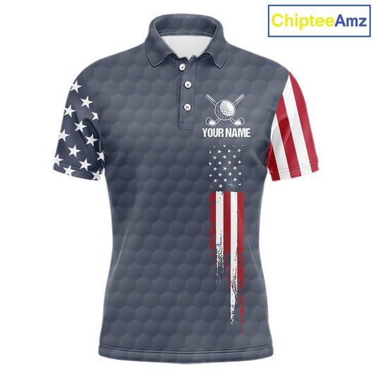 Men's golf polo shirt featuring grey golf ball pattern and patriotic American flag design, personalized performance golf apparel for men's golf teams, tournaments, country clubs, Father's Day gifts, symbolizing freedom, unity and American pride.