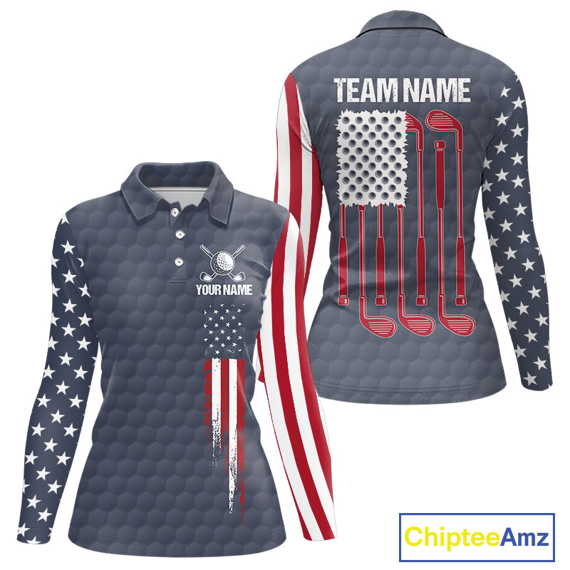 Women's golf polo with grey golf ball graphics and American flag design, custom golf team shirt for league play, country club, patriotic golfers, moisture-wicking performance apparel representing American pride and unity.