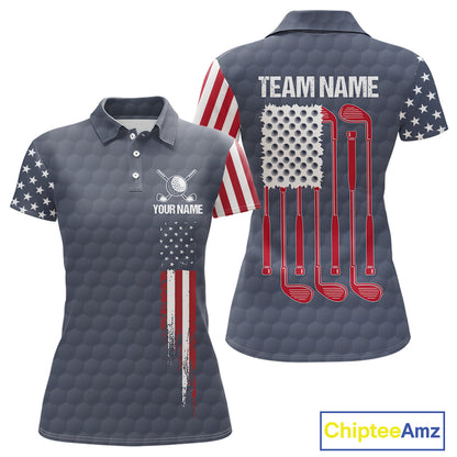 Women's golf polo with grey golf ball graphics and American flag design, custom golf team shirt for league play, country club, patriotic golfers, moisture-wicking performance apparel representing American pride and unity.