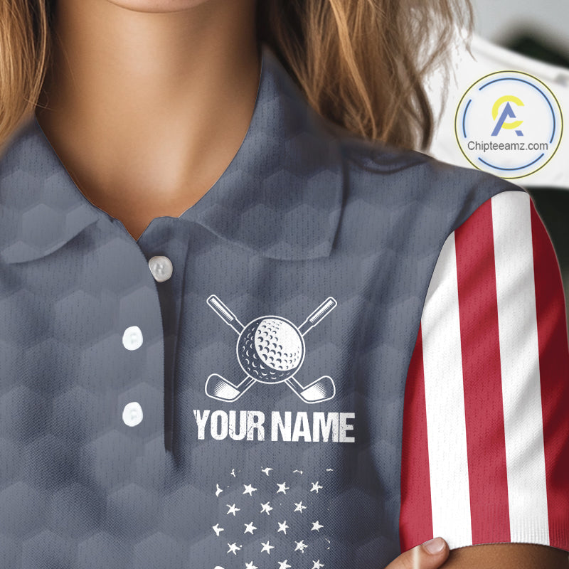 Female golfer wearing custom patriotic golf polo with grey golf ball pattern, perfect for ladies golf league, Memorial Day tournaments, Independence Day golf outings, symbolizing freedom, confidence and teamwork.