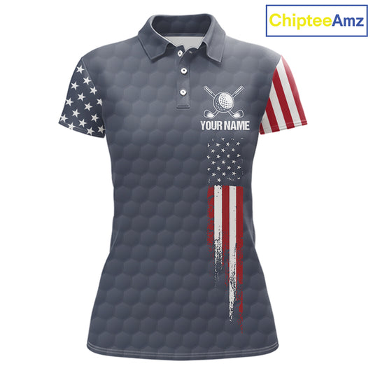 Women's golf polo with grey golf ball graphics and American flag design, custom golf team shirt for league play, country club, patriotic golfers, moisture-wicking performance apparel representing American pride and unity.