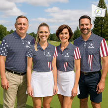 Load image into Gallery viewer, Mixed golf team wearing matching American flag golf polos with grey golf ball pattern, custom golf uniforms for tournaments, corporate golf outings, charity events, representing unity, patriotism and team excellence.